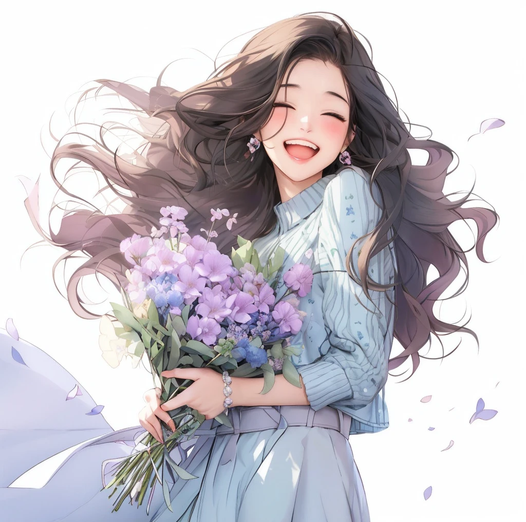 Anime girl with flowers in her hands，With a smile on his face, with flowers, Guviz, she expressing joy, beautiful and smiling, laughing sweetly, Lovely smile, with a beautifull smile, Middle metaverse, by Yang J, Happy and cheerful look, and she smiling，Very happy, Guviz-style artwork