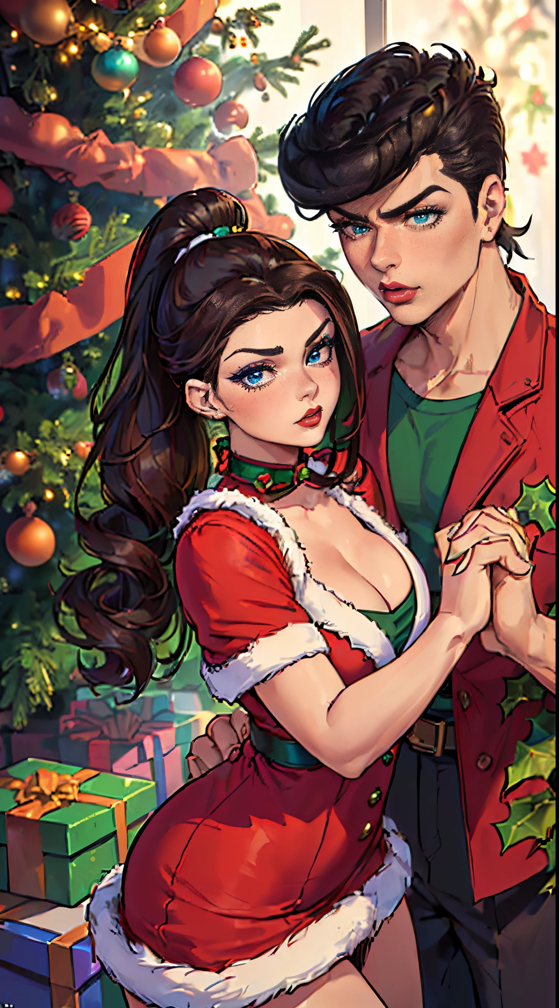 :03:58 Expires in 13 days(her)
((((Masterpiece, hiquality, absurdress), 1 woman and 1 man, (( dark colored hair)), The eyes are green, Her hair is pulled back in a ponytail, Wavy Hair, hairlong, big breastes, a perfect face, sports body, Detailed eyes and face, Bright make-up, red-lips, Christmas dress, neon lights, (Guy and girl holding hands), Josuke Higashikata, Guy with dark hair and blue eyes, Male body, male focus, Christmas costume, Christmas tree, Gifts, Christmas