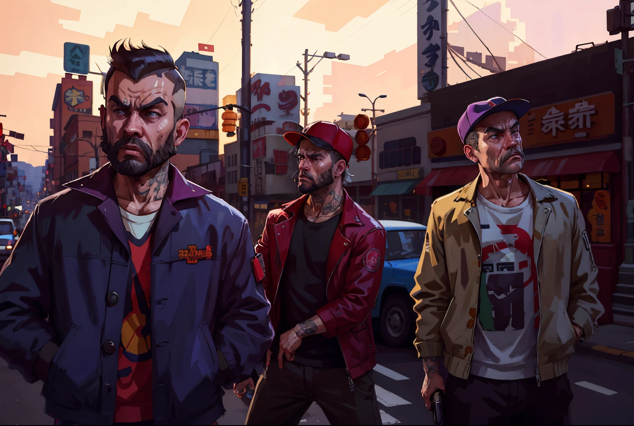 Three people standing on the street corner,There a bus in the background, gta chinatown art style, gta chinatown art style, grand theft auto art style, GTA V art style, GTA loading screen art, gta art, gta artstyle, GTA V loading screen art, GTA Chinatown pop art style, Grand Theft Auto 4 art style, GTA Chinatown war art style