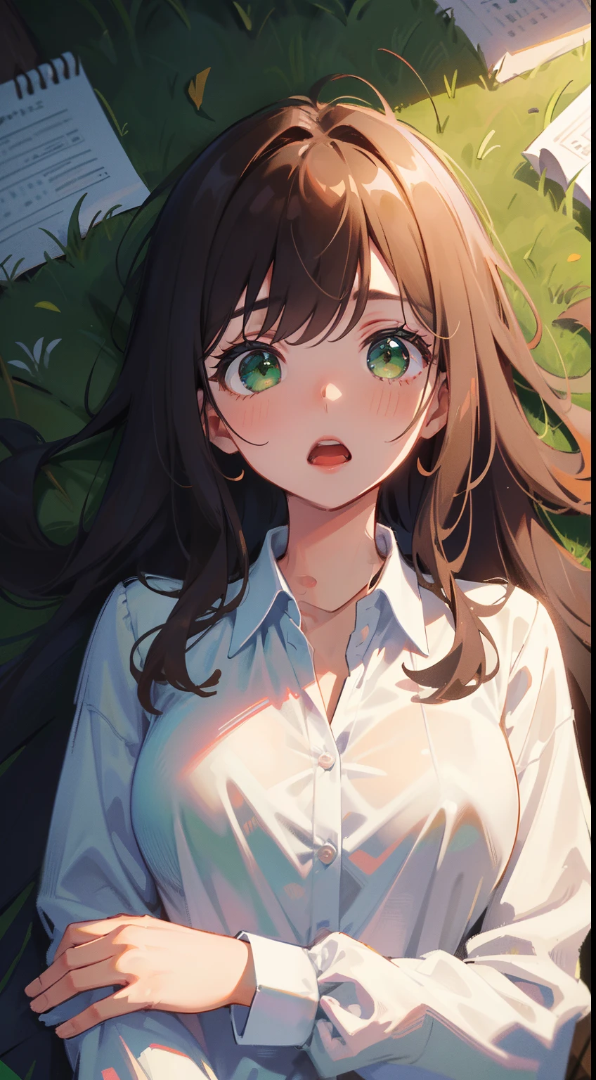 (masterpiece), (best quality), ultra high res, sharp focus, ((1 woman, solo)), upper body, beautiful detailed hair, chestnut brown hair, long hair flowing up, beautiful detailed face, ((beautiful shape eyes, green eyes)), perfect feminine face, painful, open mouth, look at he viewer, white collared shirt, lying back, on floor, from above