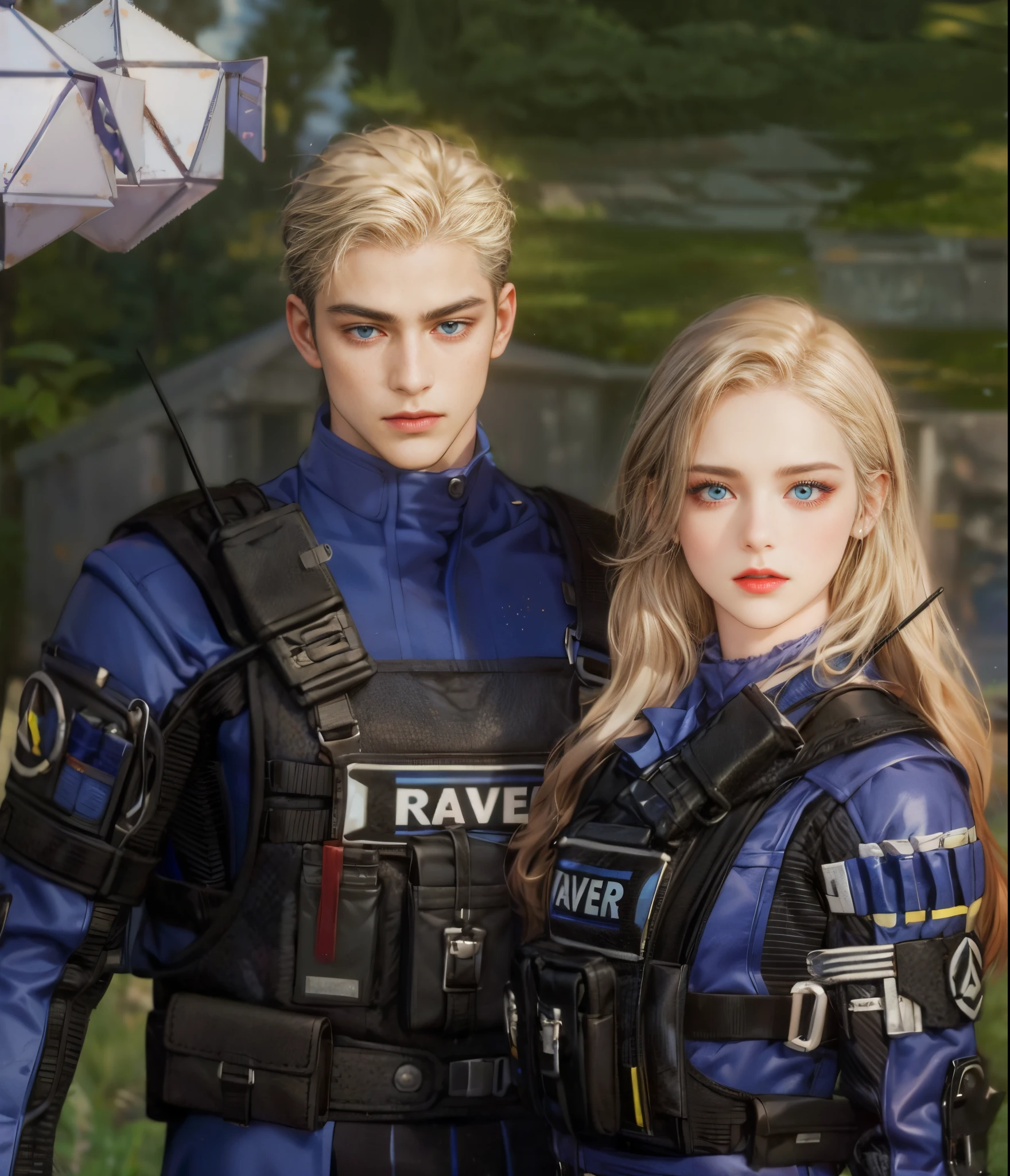 (a cool boy with black hair, black eyes and wearing black suit and a girl with white long hair, blue eyes are lover