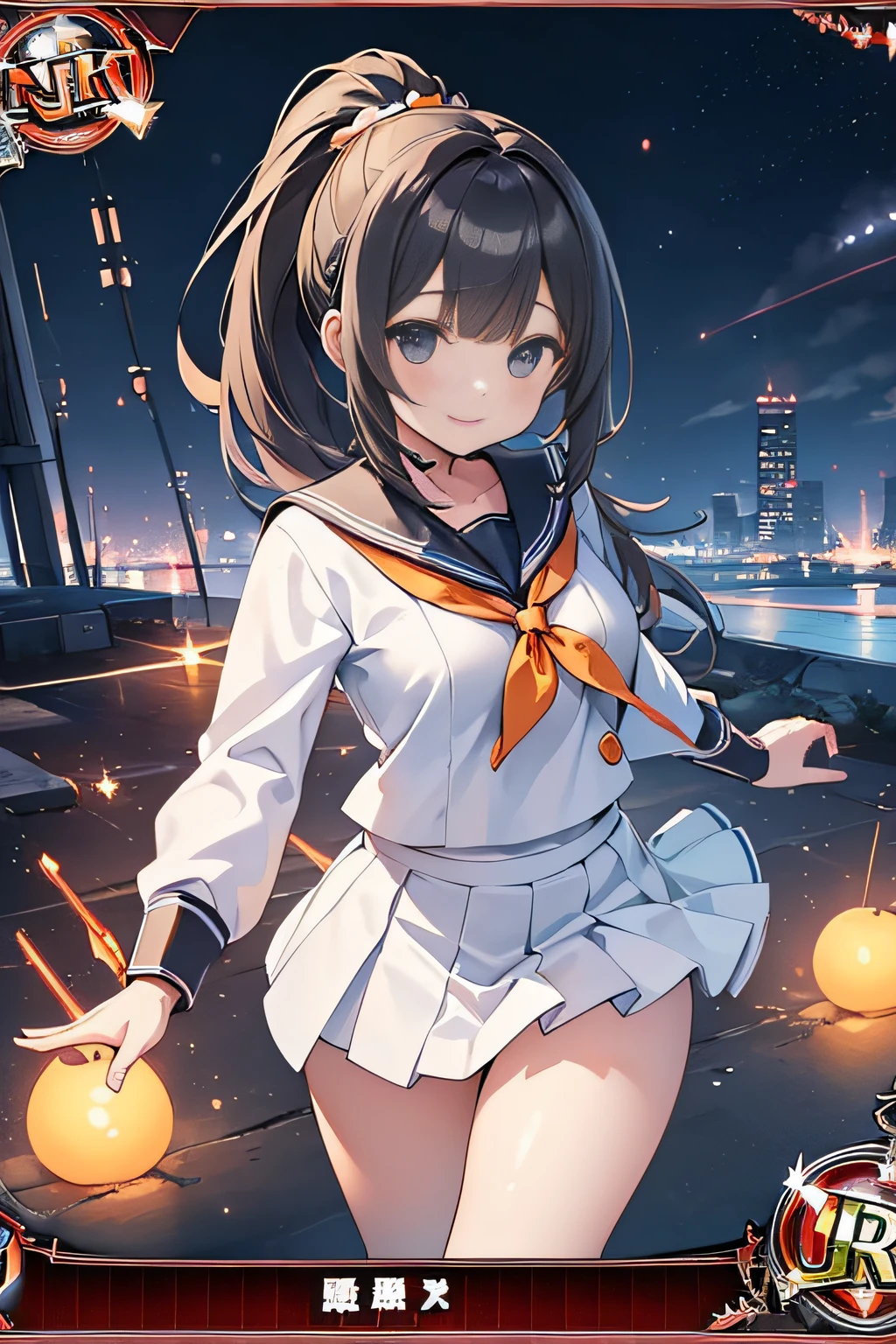 (Trading Card Game Frames:1.7),Cybernetic arm and glowing cyber girl,(J Women's Uniform,a sailor suit,White skirt,),Intense body movements,Add a motion blur effect to simulate motion,Stand on the streets of a desolate battlefield.Surrounded by a network of wires. Surrounded by a net of orange LED circuits. (Cyber Girl with Orange Glowing Sword:1.3), Shiny Silver Shorthair,disheveled ponytail,,Cute smile,Perfect round face,Black eyes,A cheerful smile that makes the viewer happy,Proper body proportion,Intricate details,Very delicate and beautiful hair,photos realistic,Dreamy,Professional Lighting,realistic shadow,Solo Focus,Beautiful hands,Beautiful fingers,Detailed finger features,detailed clothes features,Detailed hair features,detailed facial features,top-quality,Ultra-high resolution output image,) ,(The 8k quality,),(Image Mode Ultra HD,),(Image Mode Ultra HD,),(Sea Art 2 Mode.1:1.3),Science fiction fantasy