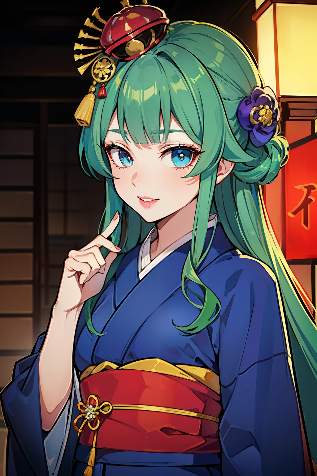 (high-quality, breathtaking),(expressive eyes, perfect face) (((yukata, sexy lips)), 1girl, female, solo, young adult, dark meadow green hair, blue highlights in hair, red coloured eyes, gentle smile, long length hair, loose hair, side bangs, japanese clothing, elegant, soft make up, hair pin accessory in hair, oiran, demon slayer art style