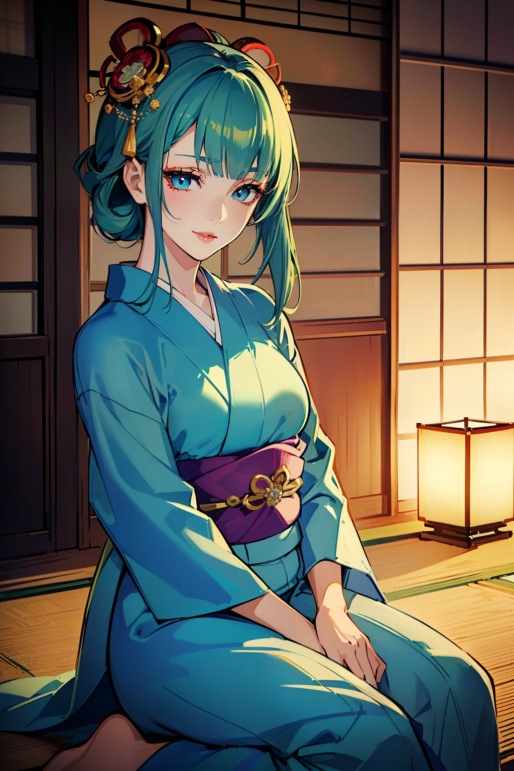 (high-quality, breathtaking),(expressive eyes, perfect face) (((yukata, sexy lips)), 1girl, female, solo, young adult, green hair, blue highlights in hair, blue coloured eyes, gentle smile, medium length hair, loose hair, side bangs, japanese clothing, elegant, soft make up, hair pin accessory in hair, oiran, demon slayer art style