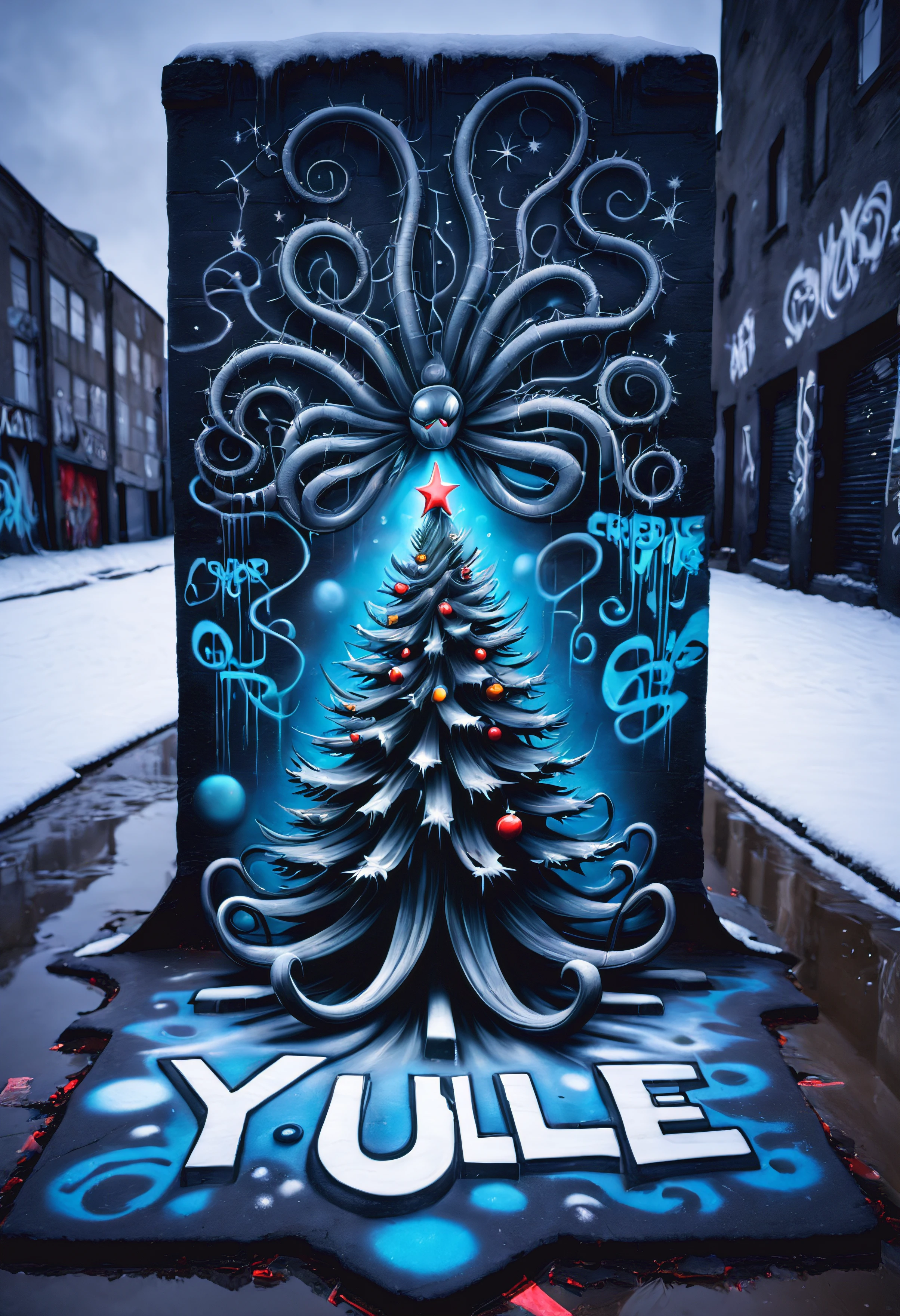 3dxmasurbanart, A three dimensional piece of Christmas street art "YULE" (creepy) written on the ground in HR Giger style, picturing a christmas tree with (tentacles) wrapped around it, with a graffiti snowy background, nighttime, (flash photography) (banksy style) high saturation