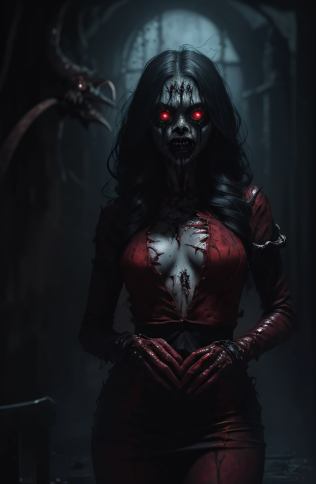uma imagem mental aterrorizante de uma figura feminina de pura maldade, immersed in a horrible, ambiente infernal, appearance with grotesque features and sinister deformities that evoke instant horror, olhos brilhantes, pele contorcida, traje escuro que exala uma aura maligna, ambiente ao redor como uma paisagem infernal, sombras distorcidas, agonizante, obscuro, pesadelo aterrorizante, capturing all of the viewer's senses and leaving a lasting impression of horror, figura feminina malvada em um lugar obscuro vindo do inferno, pesadelo, demonio, demonic presence