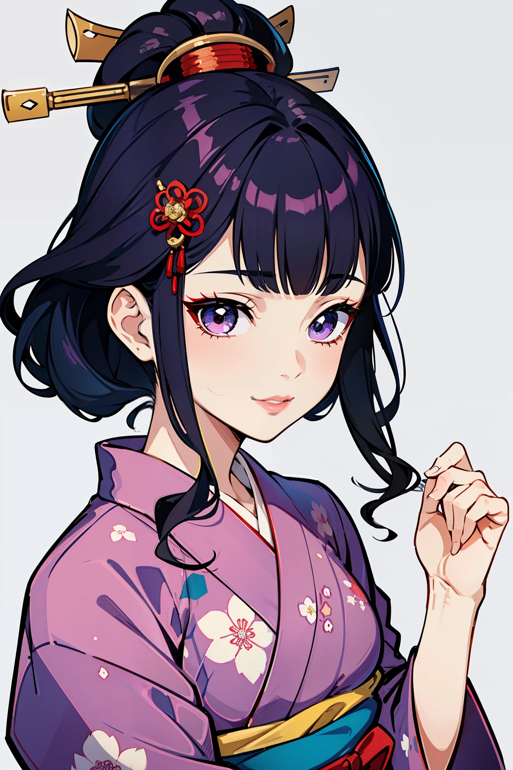 (high-quality, breathtaking),(expressive eyes, perfect face) (((yukata, sexy lips)), 1girl, female, solo, young adult, brown hair, blue streaks in hair, black coloured eyes, stylised hair, gentle smile, short length hair, loose hair, side bangs, wavy hair,  japanese clothing, elegant, soft make up, hair pin accessory in hair, oiran, demon slayer art style