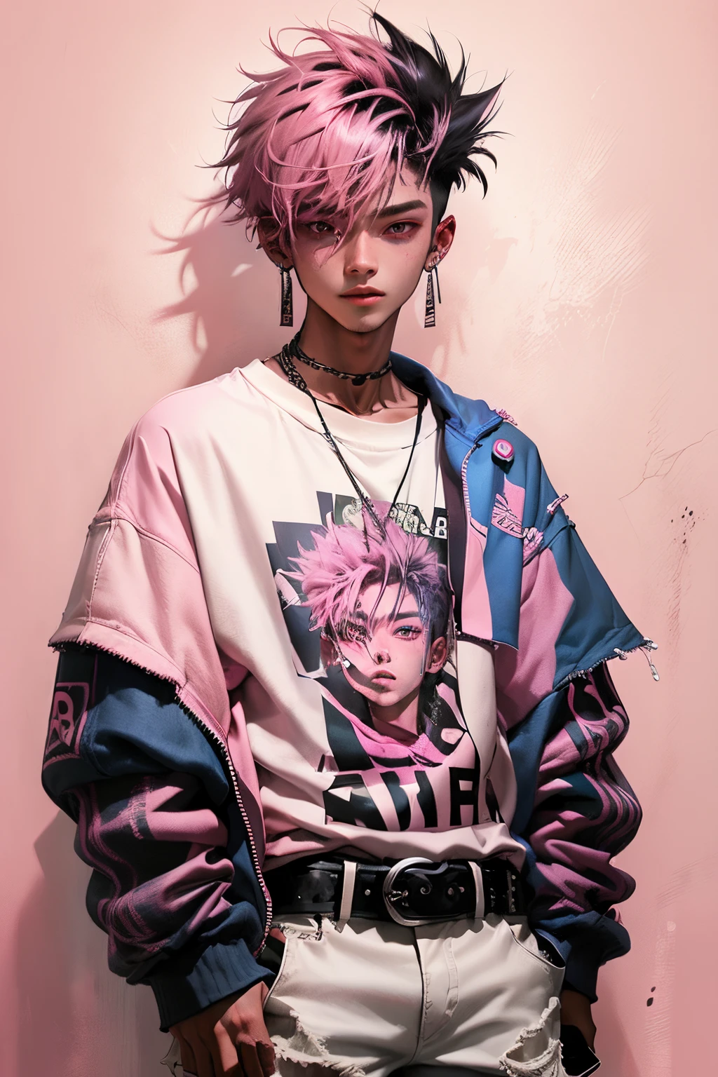 kpop young age boy with fade cut dark pink hair with white earring on his right ear, open jacket with dark blue shirts, cute smile, black ripped shorts and a large belt-buckle, paint background, popstar, has messy pink emo hairstyle. He has a normal Putt Putt Troll appearance overall, (pink and dark crystal broken glass mirror background)