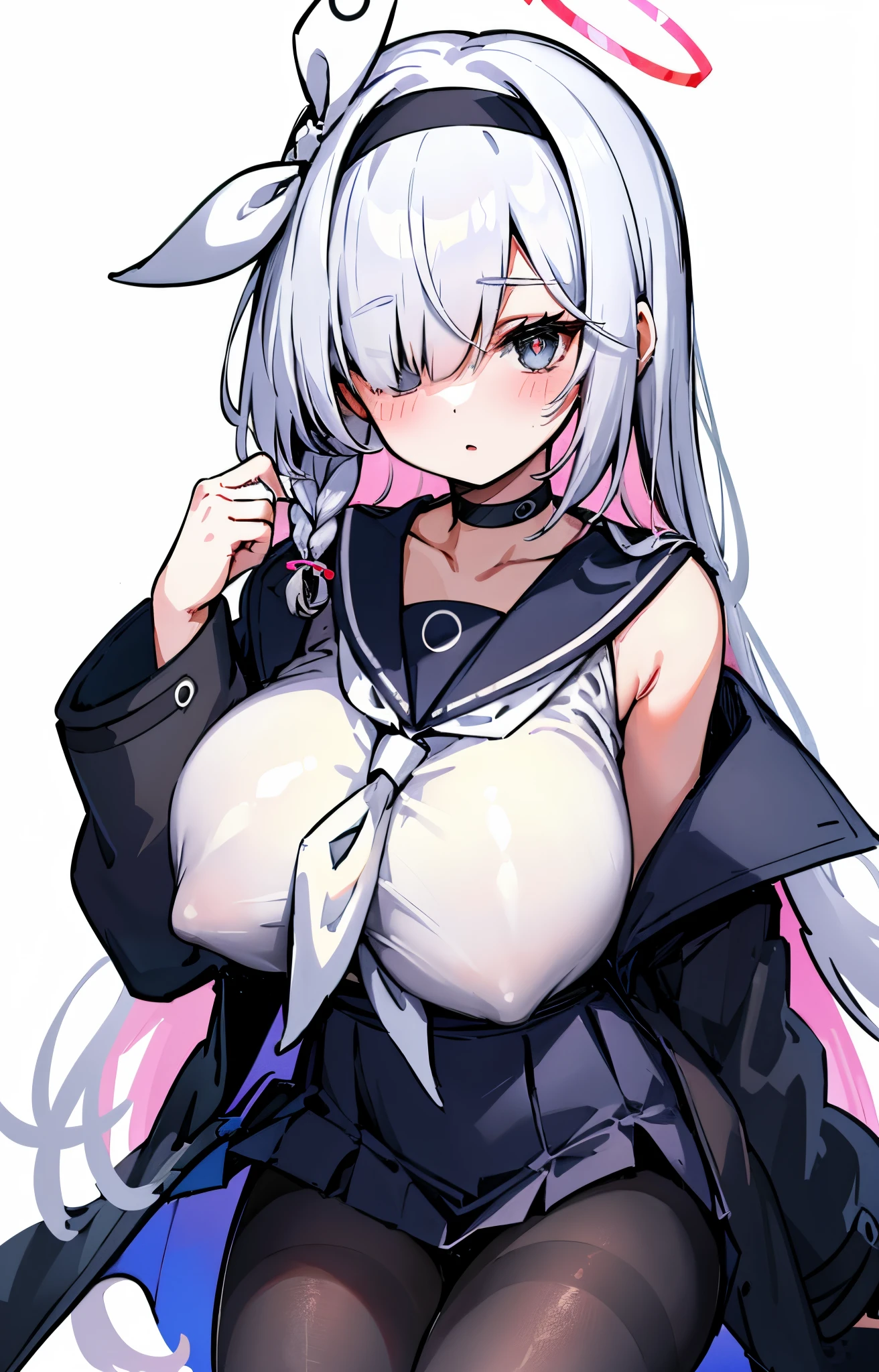 ((masterpiece,best quality)),
1girl,solo,arona \(blue archive\),hair over one eye,hairband, halo, black choker, choker, school uniform, braid, long hair, serafuku, white hair, sailor collar, pleated skirt,bangs, ribbon, long sleeves, neckerchief, collarbone,black hairband, white neckerchief,black skirt, hair ribbon, jacket, single braid, bow,
pantyhose, black pantyhose,no shoes,parted lips, blush,very huge breast,(hand lift breast up ),(covered nipples)
