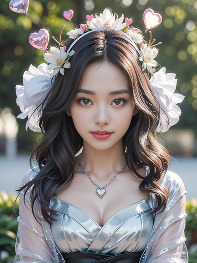 On a table, (Best quality:1.4), actual, extremely detaild的 CG unified 8k wallpapers, The content very detailed, High-resolution RAW color photos, professional photoshooting, Realistic portraits, 电影灯光, Beautifully meticulous, 1 girl in, (Upper body:1.5), Beautiful big breasts, the detail, , (medium:1.2), (delicated face:1.2), Long gray hair, Close-up portrait of a girl in a completely transparent kimono,front open, of shoulders, (A completely transparent kimono,a big heart:1.4), we open our hearts, vestments、Didn't wear it, , (Cameto details), ((countless sparkling jewels antasyart, Outdoor sports, highly intricate detail, with her mouth open, afloat, 真实感,