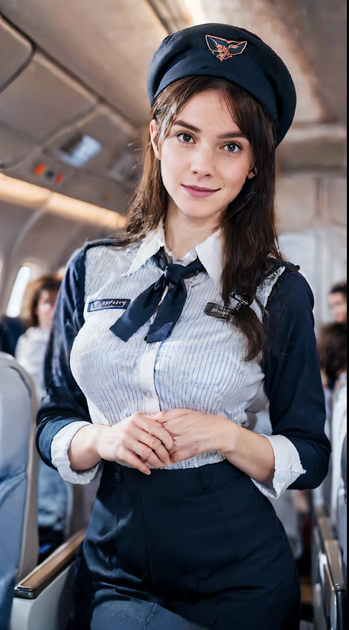 one french woman, Solo, 30-years old, Looking at Viewer, hyperdetailed face, Detailed lips, A detailed eye, Double eyelid eyes, fluffy brown eyelash bob hair, Like an airplane stewardess, Do a good job, (Like an airplane stewardess:1.2), (Do a good job:1.2), (Stewardess uniform and white shirt:1.4), (wear something small, cute dark blue stewardess hat:1.4), (discret smile:1.2), Perfect image realism, Background with: (Business Class aisle on airplanes:1.2), 细致Background with, detailed costume, Perfect litthing, Hyper-Realism, (Photorealistic:1.4), 8K maximum resolution, (​masterpiece), Highly detailed, Professional, (Huge breasts), (Erect nipples:1.3), (Never expose your chest:1.3), (Never expose your nipples:1.3),
