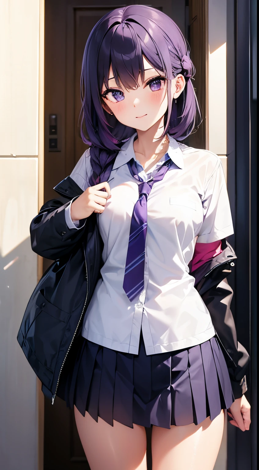 Purple hair, Purple eyes, Idol-like cuteness, School uniform, Beautiful face