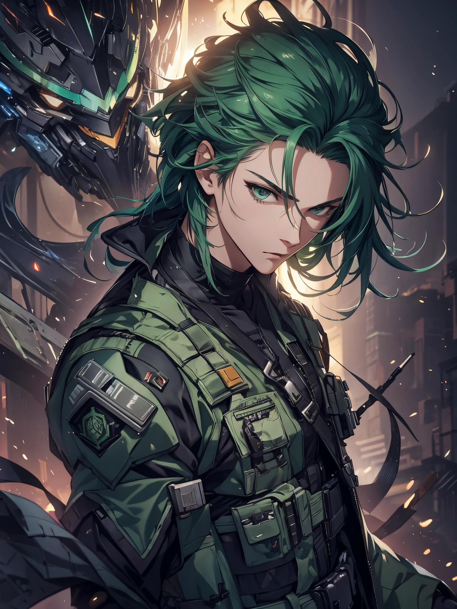 1man, handsome, mid 20s, wild green hair, wearing combat suit, masterpiece, 4k, top quality, highly detailed, official art