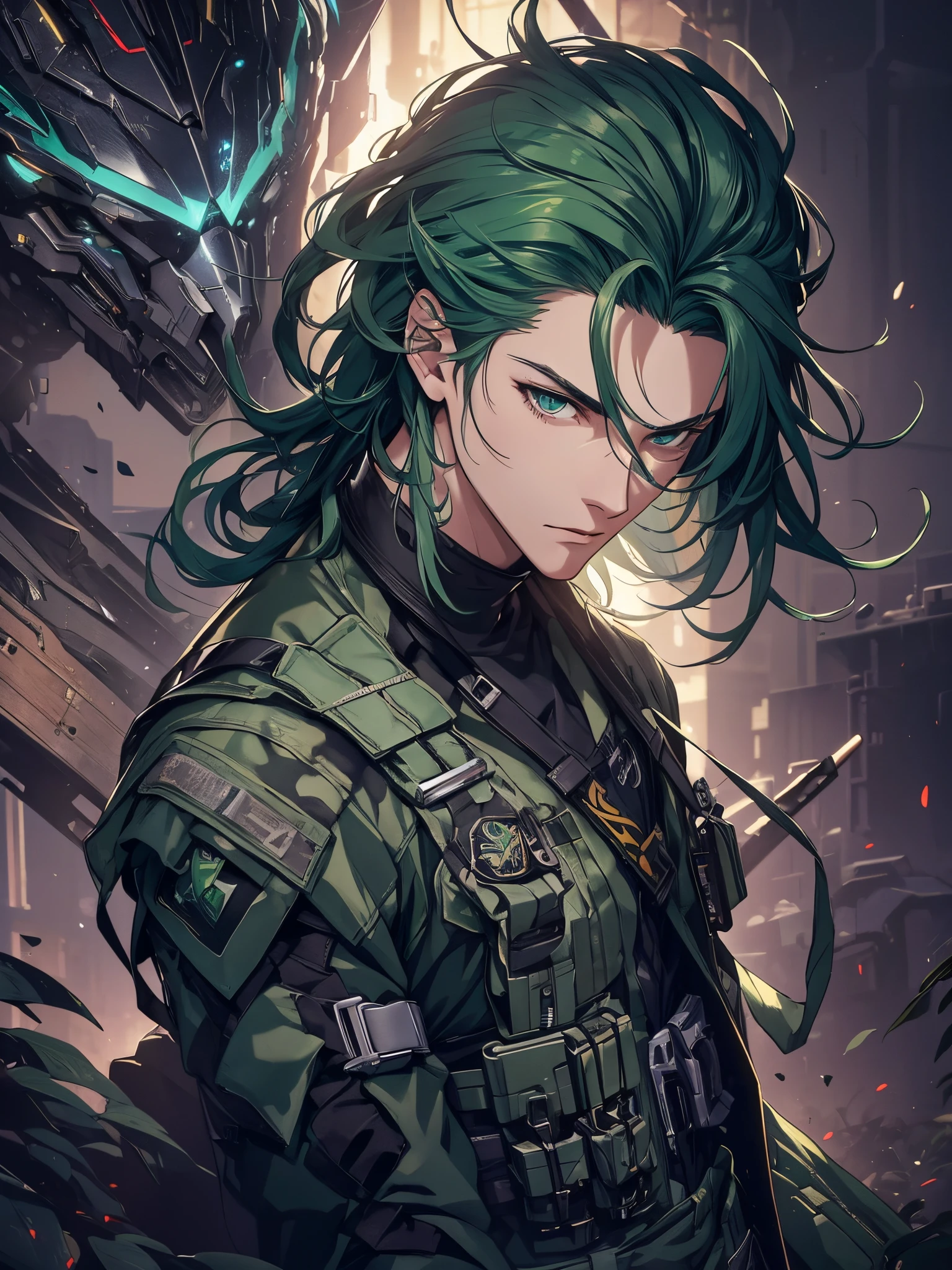 1man, handsome, mid 20s, wild green hair, wearing combat suit, masterpiece, 4k, top quality, highly detailed, official art