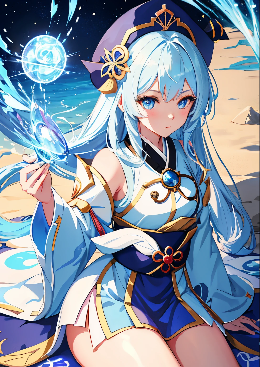 anime girl with white hair and blue eyes wearing a blue hat, crisp clear rpg portrait, ayaka genshin impact, portrait of a female mage, beautiful celestial mage, onmyoji portrait, sky witch, mage, astri lohne, genshin impact character, splash art anime loli, portrait knights of zodiac girl, an anime portrait of cirno