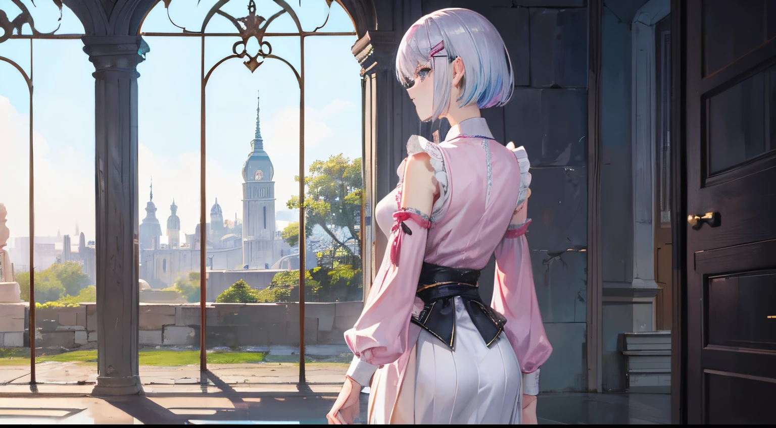 Pink woman with silver hair, Very short hairstyle, hair clips, (Angle from behind:1.1), Sorcerer Adventurer, Small chest, (Contre-Jour:1.2), ancient ruin, specular reflection, (masterpiece), (Best Quality, 8K, High resolution), Ultra-detailed, (Realistic), Vibrant colors,