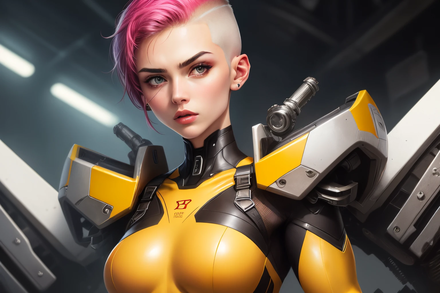 Cyborg suit leather white and red and yellow suit goddess girl, suit full coverage, pink buzz cut hair, white buzz cut right part hair, Russian face, muscular neck, soull face, powerful, Russian girl face, mechanical jaw
