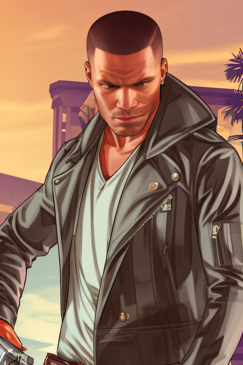 GTA style, gta cover art, gangster style dandy man, Sandy beach, Orange sky, (masutepiece), (Best Quality), (ultra high detailed)