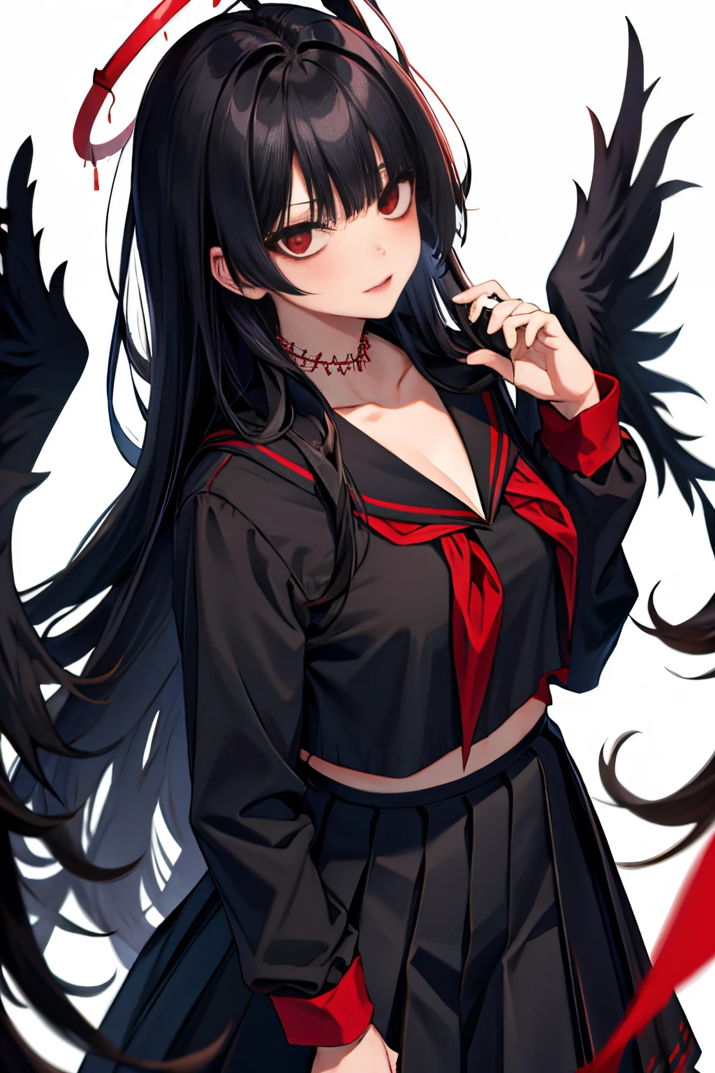 tsurugi ba, school uniform, long sleeves, long skirt, looking at viewer, very long hair, white background, torn clotheackground, large breasts, halo, black skirt, skirt, serafuku, red eyes, sailor collar, wings, solo, black serafuku, neckerchief, red neckerchief, parted lips, black hair, 1girl, cleavage, long hair