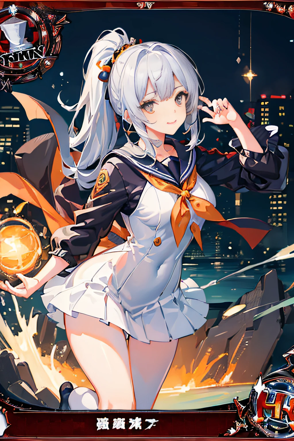 (Trading Card Game Frames:1.7),Cybernetic arm and glowing cyber girl,(J Women's Uniform,a sailor suit,White skirt,),Intense body movements,Add a motion blur effect to simulate motion,Stand on the streets of a desolate battlefield.Surrounded by a network of wires. Surrounded by a net of orange LED circuits. (Cyber Girl with Orange Glowing Sword:1.3), Shiny Silver Shorthair,disheveled ponytail,,Cute smile,Perfect round face,Black eyes,A cheerful smile that makes the viewer happy,Proper body proportion,Intricate details,Very delicate and beautiful hair,photos realistic,Dreamy,Professional Lighting,realistic shadow,Solo Focus,Beautiful hands,Beautiful fingers,Detailed finger features,detailed clothes features,Detailed hair features,detailed facial features,top-quality,Ultra-high resolution output image,) ,(The 8k quality,),(Image Mode Ultra HD,),(Image Mode Ultra HD,),(Sea Art 2 Mode.1:1.3),Science fiction fantasy