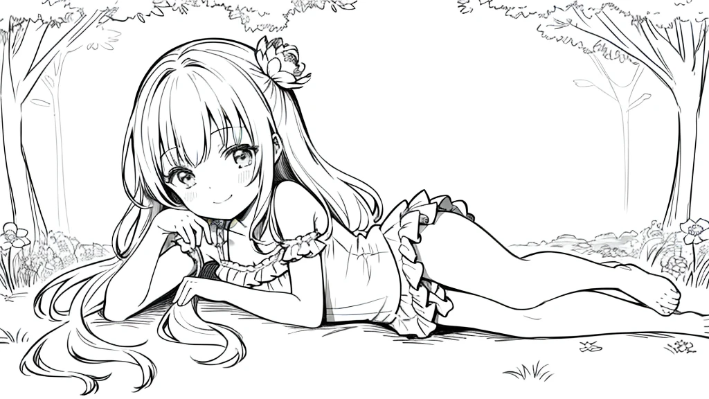 (a girl solo:1.2)、​masterpiece、Lying down、holding dog、cute one piece、A smile、Chibi Chara、full body Esbian、the pose、monochromes、line-drawing、White background、Flowers, Grass and trees、A delightful