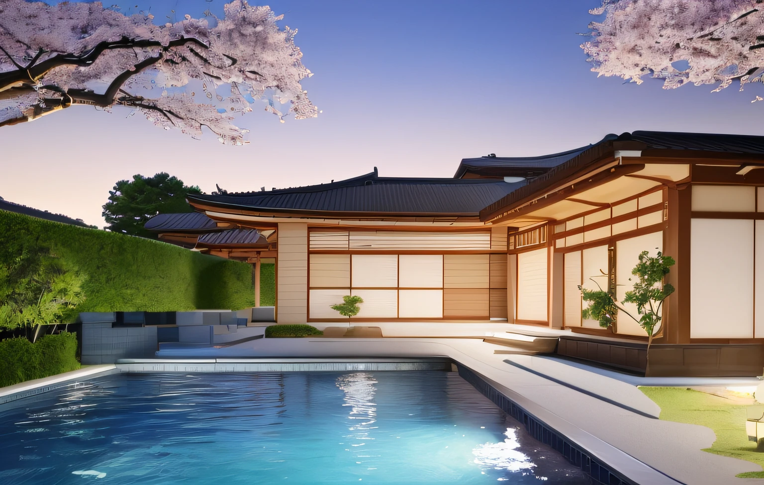 Side planters filled with tree, include taller cherry blossom tree in the back by the house, flowering shrubs and plants Infront of house., one point perspective, rendered, pool with bubble jet, Japanese architecture inspired,  modern style, 4k, ultra realism, dusk