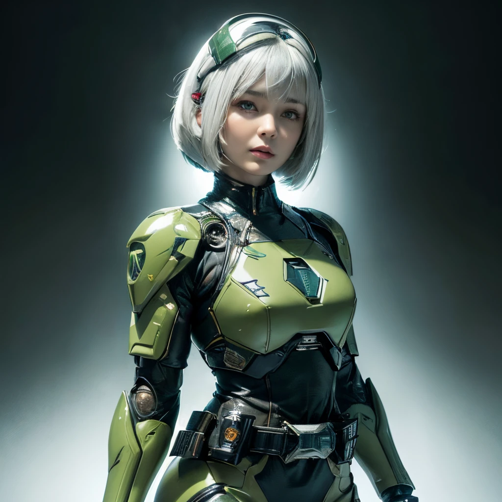 Textured skin, Super Detail, high details, High quality, Best Quality, hight resolution, 1080p, hard disk, ((((Gorgeous 40 year old female soldier)))), (kamenriderkiva),(Female Riderody suit,battle suits,Transformation Belt,Battle Mode,Metal,Transform into Kamen Rider,cyborgackground  a solid color)))))((((no helmet)))(((dull white hair)))(((short bob haircut)))(green eyeurn scar on right cheek)