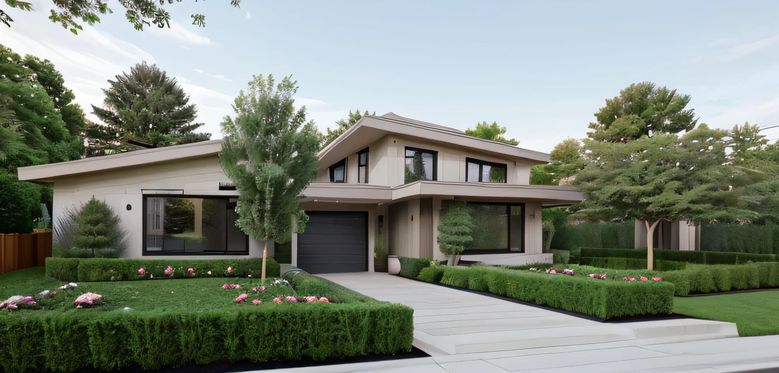 modern style. planters filled with shrubs in front of house, tall tree in the back by house.