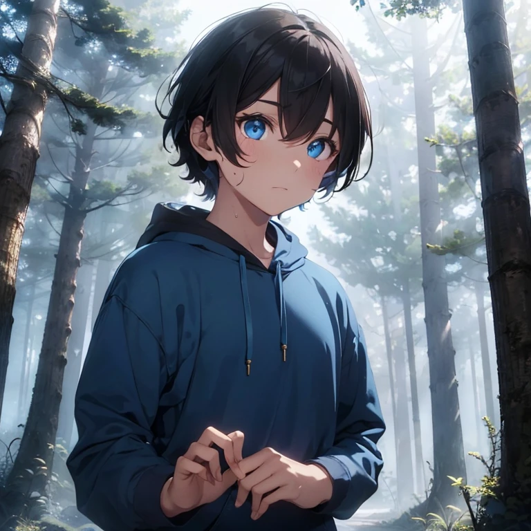 Kind beautiful boy helping you up, blue sky, foggy eerie forest, dark-brown hair, glowing blue eyes, slim but not too slim, blue sweat pants, blue and black tye-dye hoodie