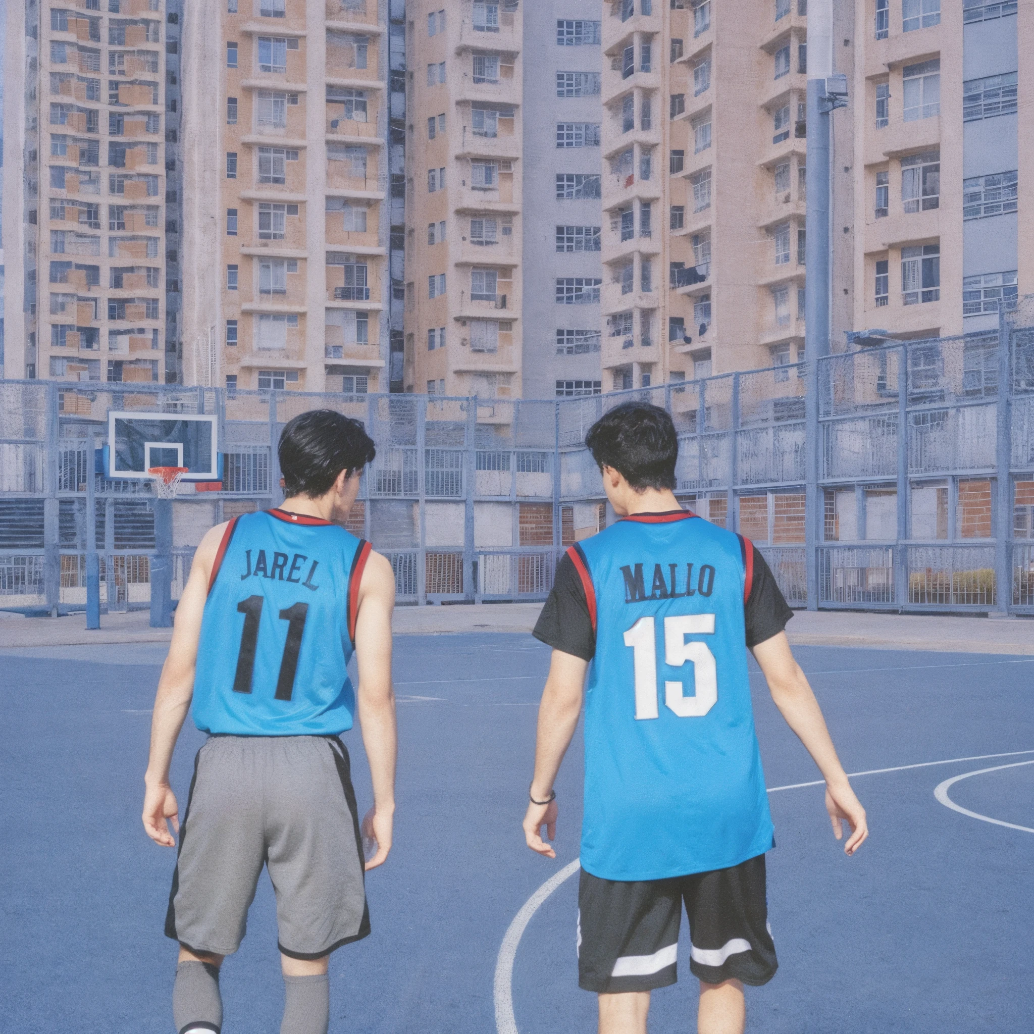2 boys, black hair, wearing basketball jersey and jersey pants, Their bodies face backwards, The left one is Jarrel, jersey number 11 and the right one is Malio, jersey number 15, realistic, ultra detail