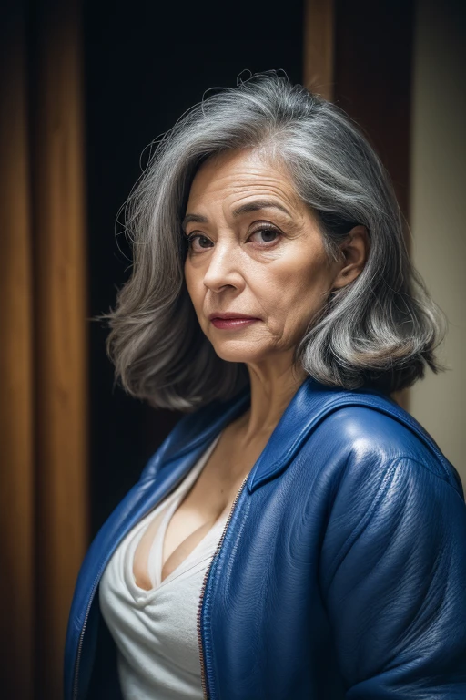 65 years old,(A MILF:1.2), a captivating gaze,(((long old gray hair))),Brown eyes, (A lot of wrinkles on her face:1.4), (There are many wrinkles on her chest1.4),Old Woman, Detailed wrinkles (8K, High resolution,ultra-quality, An ultra-high picture quality,Ultrarealistic,Best Quality,masuter piece:1.2)(breasts are large,Large cleavage:1.1) ,(Old Woman in Japan) ,sexy langeries,eyes visible through hair, Proper eye position,Cinematic Light,Soft light,lower back,Night time,Soft moonlight,detailed color graded background,Convoluted, ighly detailed,8K,Overall silhouette,Bedrooms,Looking down,(((Blue leather jacket))),((tshirts)),((JINS)),