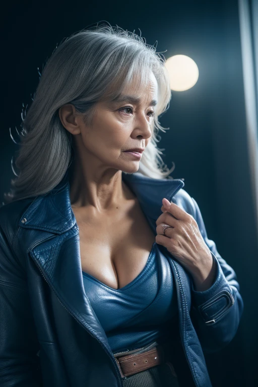 65 years old,(A MILF:1.2), a captivating gaze,(((long old gray hair))),Brown eyes, (A lot of wrinkles on her face:1.4), (There are many wrinkles on her chest1.4),Old Woman, Detailed wrinkles (8K, High resolution,ultra-quality, An ultra-high picture quality,Ultrarealistic,Best Quality,masuter piece:1.2)(breasts are large,Large cleavage:1.1) ,(Old Woman in Japan) ,sexy langeries,eyes visible through hair, Proper eye position,Cinematic Light,Soft light,lower back,Night time,Soft moonlight,detailed color graded background,Convoluted, ighly detailed,8K,Overall silhouette,Bedrooms,Looking down,(((Blue leather jacket))),((tshirts)),((JINS)),
