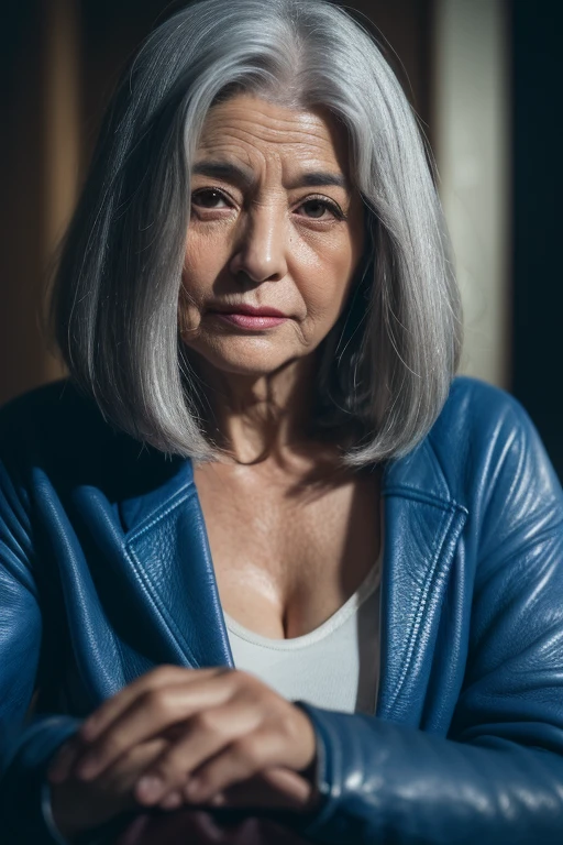 65 years old,(A MILF:1.2), a captivating gaze,(((long old gray hair))),Brown eyes, (A lot of wrinkles on her face:1.4), (There are many wrinkles on her chest1.4),Old Woman, Detailed wrinkles (8K, High resolution,ultra-quality, An ultra-high picture quality,Ultrarealistic,Best Quality,masuter piece:1.2)(breasts are large,Large cleavage:1.1) ,(Old Woman in Japan) ,sexy langeries,eyes visible through hair, Proper eye position,Cinematic Light,Soft light,lower back,Night time,Soft moonlight,detailed color graded background,Convoluted, ighly detailed,8K,Overall silhouette,Bedrooms,Looking down,(((Blue leather jacket))),((tshirts)),((JINS)),