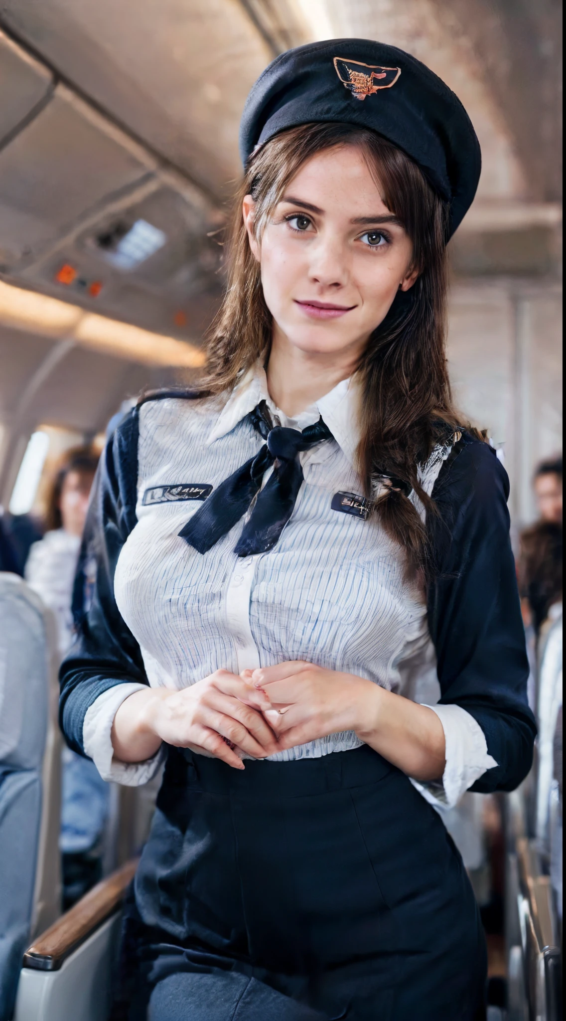 One French woman, Solo, 30-years old, Looking at Viewer, hyperdetailed face, Detailed lips, A detailed eye, Double eyelid eyes, fluffy brown eyelash bob hair, Like an airplane stewardess, Do a good job, (Like an airplane stewardess:1.2), (Do a good job:1.2), (Stewardess uniform and white shirt:1.4), (wear something small, cute dark blue stewardess hat:1.4), (discret smile:1.2), Perfect image realism, Background with: (Business Class aisle on airplanes:1.2), Meticulous background, detailed costume, Perfect litthing, Hyper-Realism, (Photorealistic:1.4), 8K maximum resolution, (masterpiece), Highly detailed, Professional, (Huge breasts), (Erect nipples:1.3), (Never expose your chest:1.3), (Never expose your nipples:1.3),