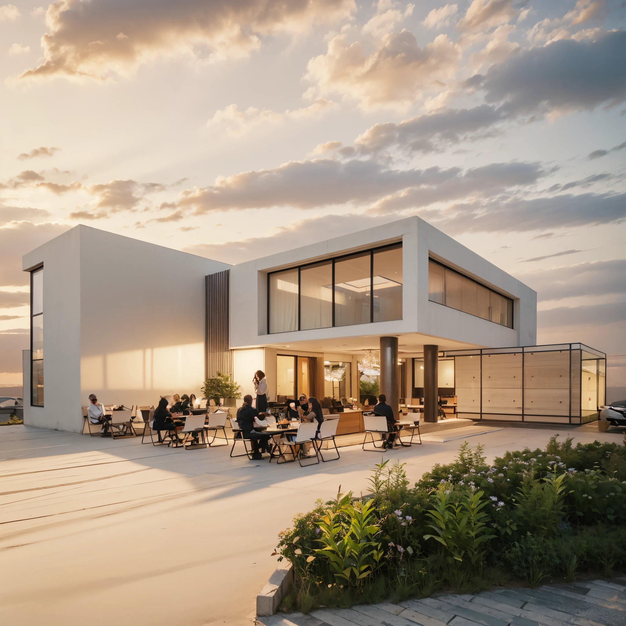 (((tmasterpiece))),((Best quality at best)),Award-winning architectural exterior design,building exterior,((cafe shop)),cafe shop,Commercial café,glass,cementitious , aluminium,Asphalt pavement,grassy fields, Ray traching, The content very detailed,hyper realisitc,Hyper Real