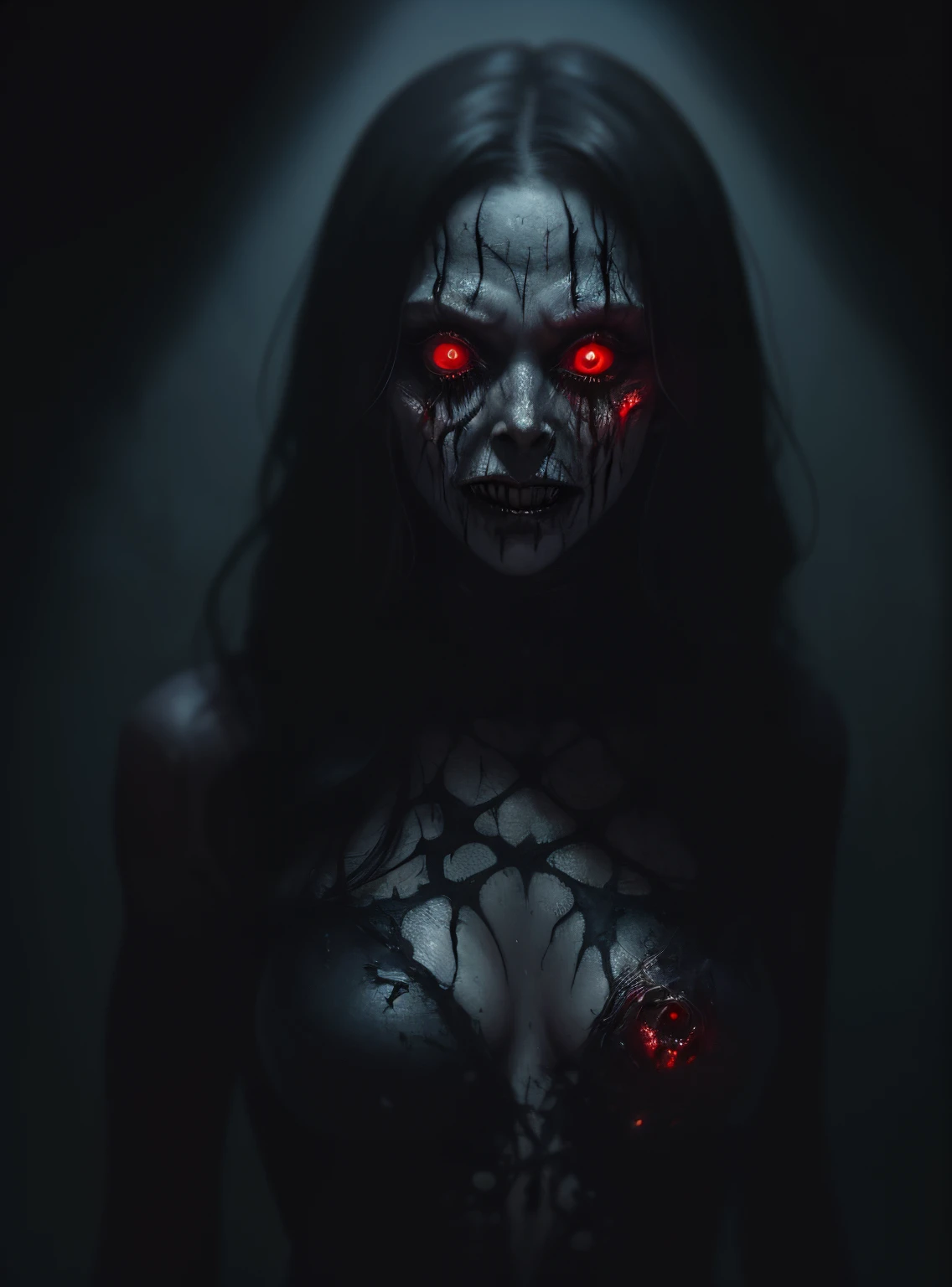 a terrifying mental image of a female figure of pure evil, immersed in a hideous, hellish environment, appearance with grotesque features and sinister deformities that evoke instant horror, glowing eyes, contorted skin, dark attire that exude an evil aura, environment around as a hellscape, distorted shadows, agonizing, obscure, terrifying nightmare, capturing all of the viewer's senses and leaving a lasting impression of horror, evil female figure in a obscure place coming from hell, nightmare, fiend, demonic presence