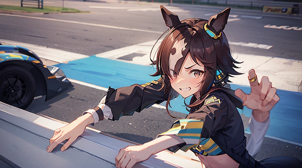 master piece 4K, cute girl, embarrassed face, good smile, animal ears, muscular stomach, slender body, small tits, Waiting for a hug, POV, on race track