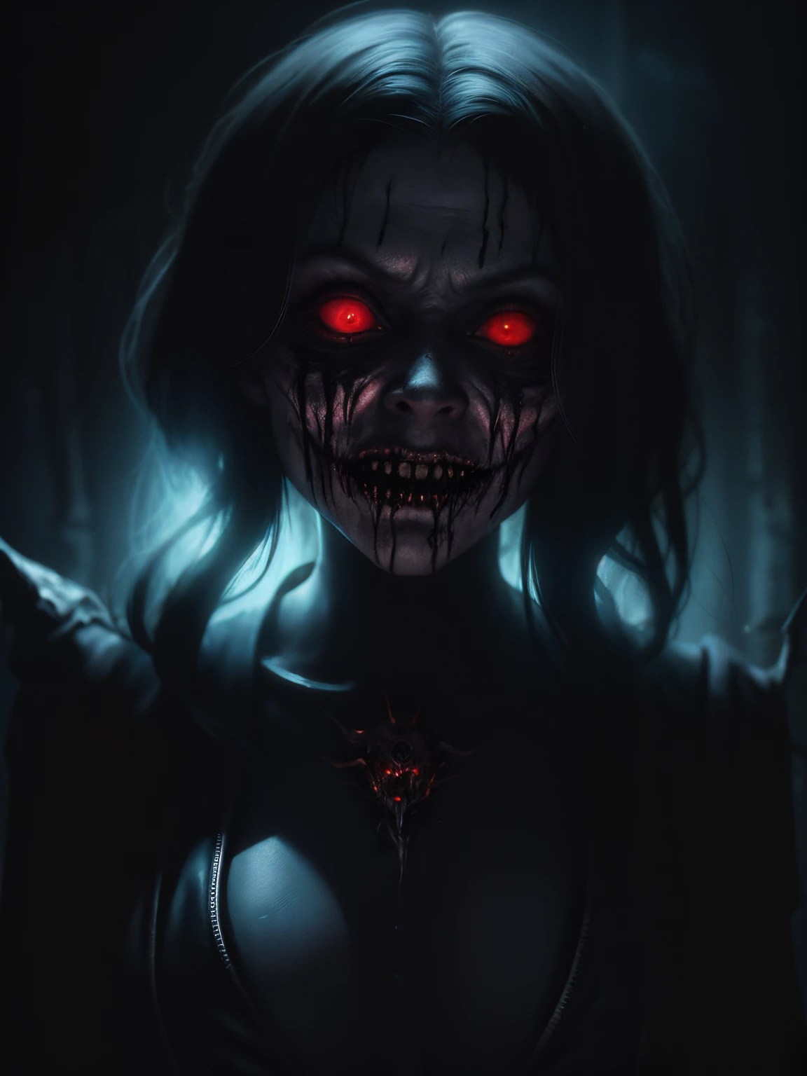 a terrifying mental image of a female figure of pure evil, immersed in a hideous, hellish environment, appearance with grotesque features and sinister deformities that evoke instant horror, glowing eyes, contorted skin, dark attire that exude an evil aura, environment around as a hellscape, distorted shadows, agonizing, obscure, terrifying nightmare, capturing all of the viewer's senses and leaving a lasting impression of horror, evil female figure in a obscure place coming from hell, nightmare, fiend, demonic presence
