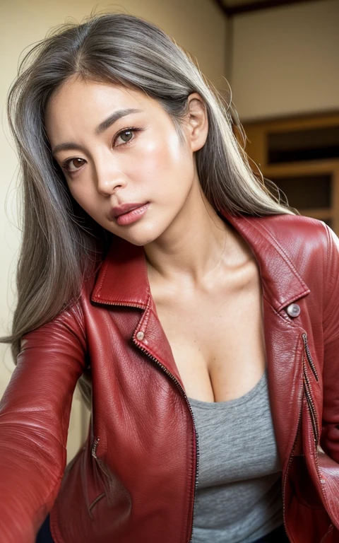 65 years old,(A MILF:1.2), a captivating gaze,(((long old gray hair))),Brown eyes, (A lot of wrinkles on her face:1.4), (There are many wrinkles on her chest1.4),Old Woman, Detailed wrinkles (8K, High resolution,ultra-quality, An ultra-high picture quality,Ultrarealistic,Best Quality,masuter piece:1.2)(breasts are large,Large cleavage:1.1) ,(Old Woman in Japan) ,sexy langeries,eyes visible through hair, Proper eye position,Cinematic Light,Soft light,lower back,Night time,Soft moonlight,detailed color graded background,Convoluted, ighly detailed,8K,Overall silhouette,Bedrooms,Looking down,(((Red leather jacket))),((tshirts)),((JINS)),