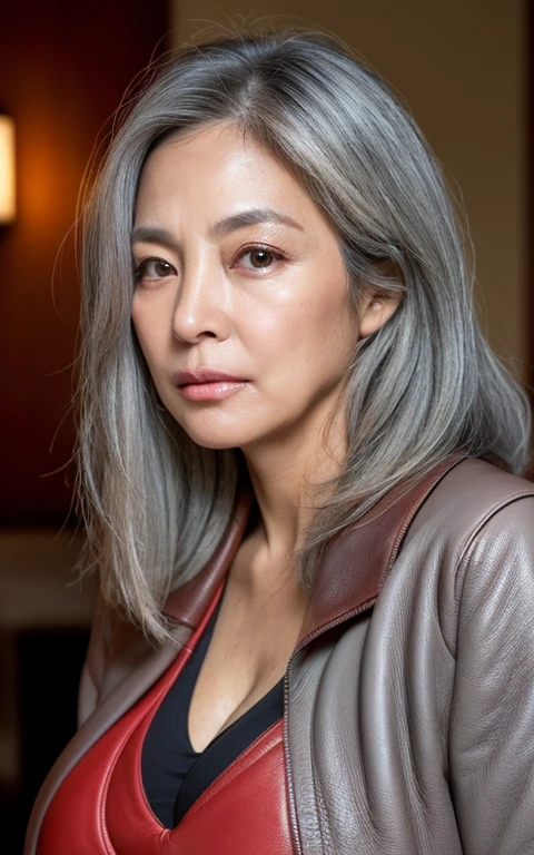 65 years old,(A MILF:1.2), a captivating gaze,(((long old gray hair))),Brown eyes, (A lot of wrinkles on her face:1.4), (There are many wrinkles on her chest1.4),Old Woman, Detailed wrinkles (8K, High resolution,ultra-quality, An ultra-high picture quality,Ultrarealistic,Best Quality,masuter piece:1.2)(breasts are large,Large cleavage:1.1) ,(Old Woman in Japan) ,sexy langeries,eyes visible through hair, Proper eye position,Cinematic Light,Soft light,lower back,Night time,Soft moonlight,detailed color graded background,Convoluted, ighly detailed,8K,Overall silhouette,Bedrooms,Looking down,(((Red leather jacket))),((tshirts)),((JINS)),