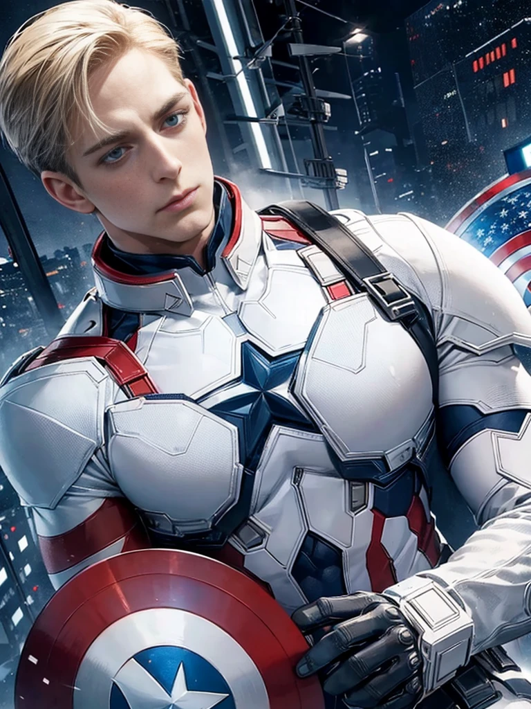 realistic depiction of the white Captain America with advanced cybernetic suit