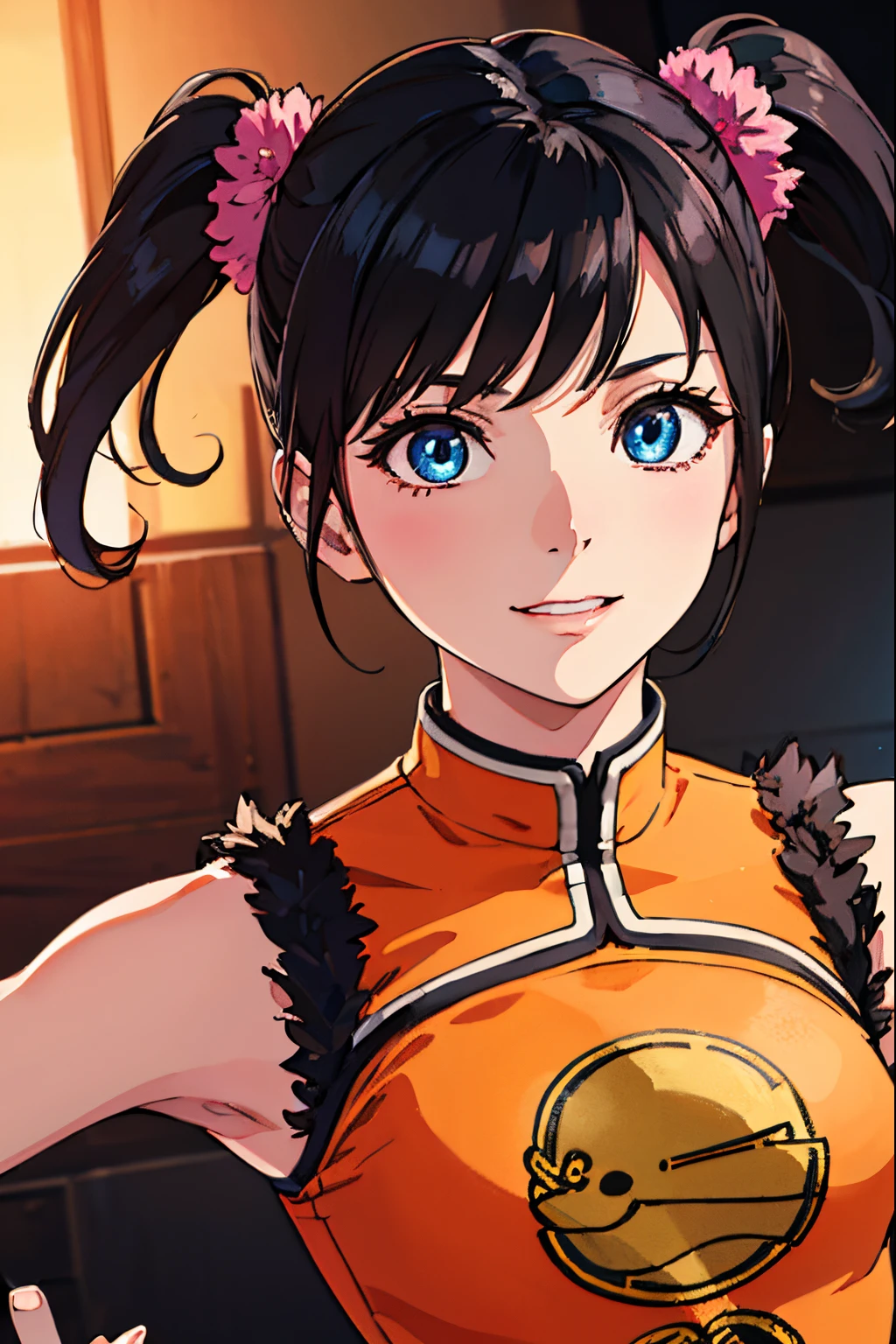 masuter piece, Best Quality, 超A high resolution, top-quality, Anime style, The best lighting, Beautiful face, Lin Xiaoyu, Lin Xiaoyu, (Black hair:1.3), (Brown eyes:1.3), swept bangs, Twin-tailed, (Small breasts:1.2), BREAK black gloves, 手链, chinese clothes, Feather trim, Fingerless gloves, gloves, mary janes, Orange footwear, shoes, single glove, Sleeveless, Dress, Orange dress, BREAK looking at viewer, Break indoors, BREAK (masutepiece:1.2), Best Quality, High resolution, Unity 8k壁纸, (Illustration:0.8), (Beautiful detailed eyes:1.6), extra detailed face, Perfect Lighting, extremely details CG, (Perfect hands, Perfect Anatomy), 1girll, (Arena background:1.2), kawaii faces, Laughing