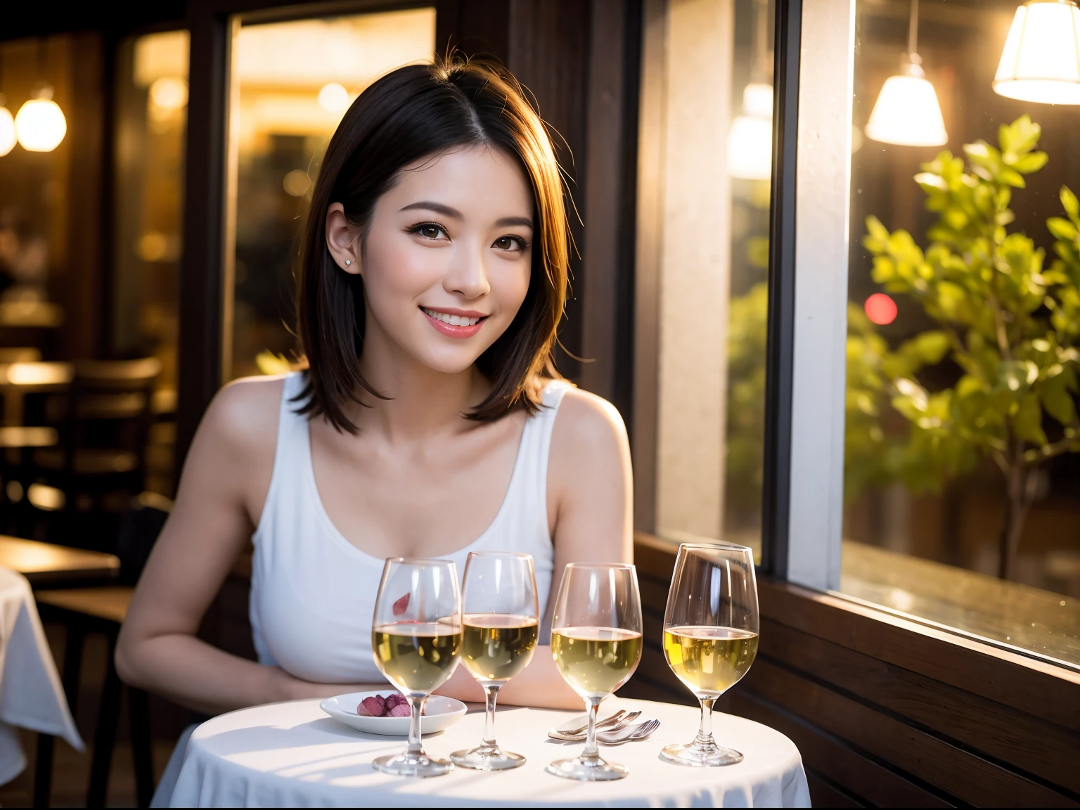 (64k uhd, nffsw, of the highest quality, masutepiece: 1.2), (Realistic, Photorealistic: 1.37), Pretty Woman 1, (Slim Face), (Slim body), (Brown hair), (short-cut), cheeks blush a little, (40 years old), 38 years, Solo, A beautiful and detailed night view spreads out outside the window...., restaurant, Sitting in a wine glass, At night, In a prominent place (from waist up) NovaFrogStyle, actress, Model, waist-up, white wine, slim, wine glasses, Super clean night view, Wine glass placed in the middle, Happy smile, (Smile: 1.15), Beautiful fine eyes, Upper body, Bust Japan Up, Night, Short, Short, actress, Model, waist-up, white wine, slim, wine glasses, Super clean night view, Wine glass placed in the middle, Happy smile,