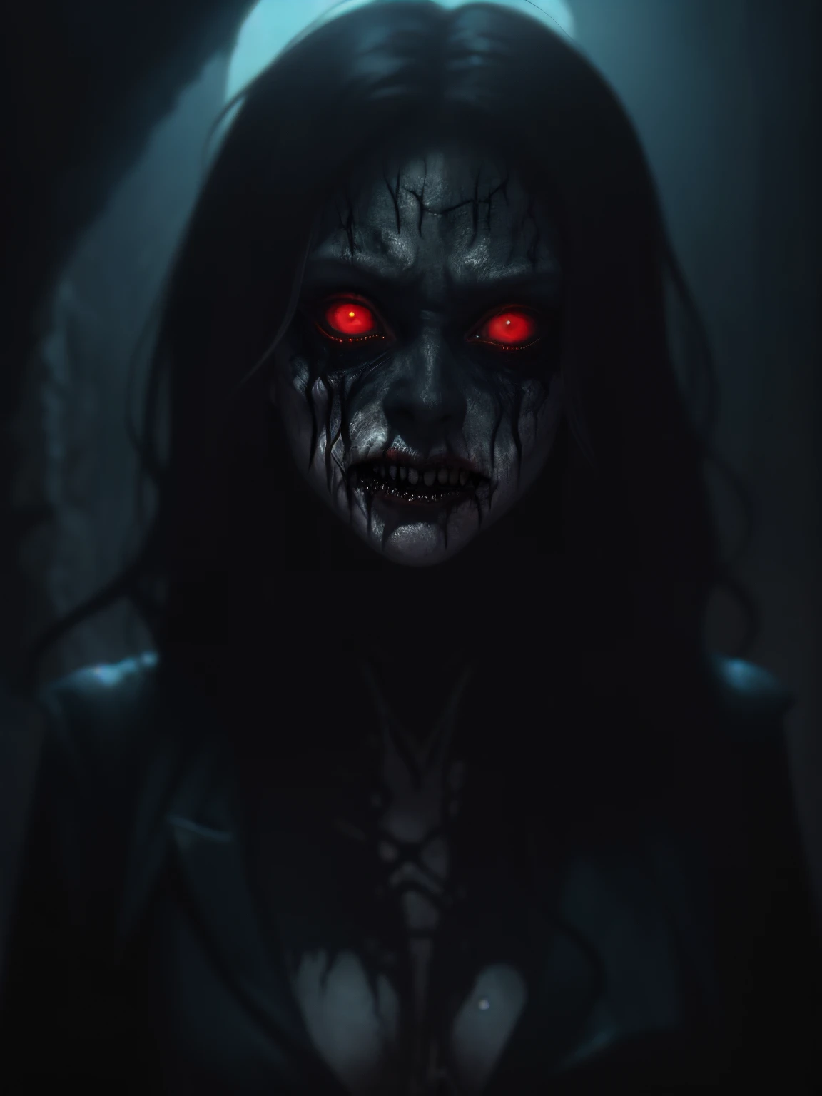 a terrifying mental image of a female figure of pure evil, immersed in a hideous, hellish environment, appearance with grotesque features and sinister deformities that evoke instant horror, glowing eyes, contorted skin, dark attire that exude an evil aura, environment around as a hellscape, distorted shadows, agonizing, obscure, terrifying nightmare, capturing all of the viewer's senses and leaving a lasting impression of horror, evil female figure in a obscure place coming from hell, nightmare, fiend, demonic presence