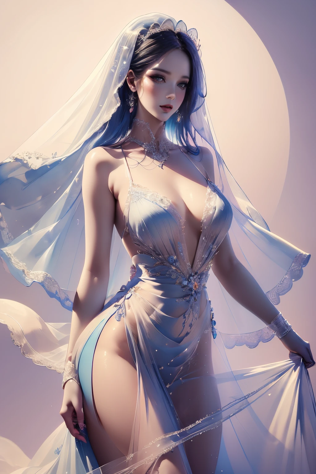 Delicate watercolor fashion design illustration of a slender croquis doll gracefully showing off her elegant apron wedding dress。This illustration 、Capture the fantastic beauty of the dress、Soft washes of watercolor blend seamlessly、Showcasing flowing fabrics and intricate details。Sketched' The pose exudes effortless grace.....、Enhances the femininity of the dress。
