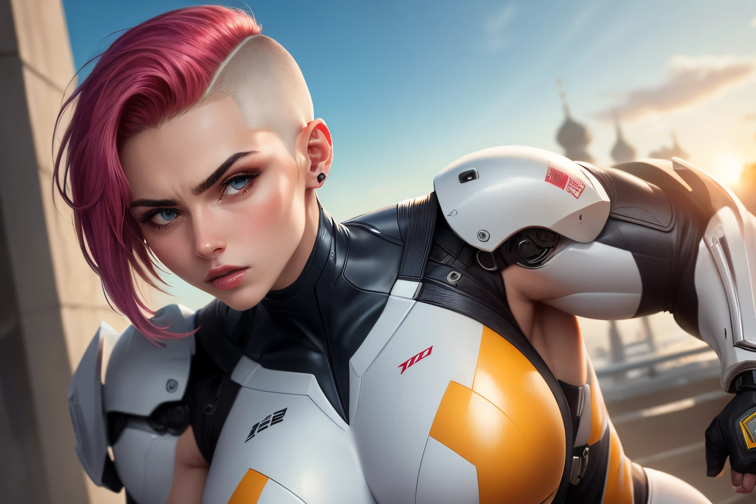 Cyborg suit leather white and red and yellow suit goddess girl, suit full coverage, pink buzz cut hair, white buzz cut right part hair, Russian face, muscular, soull face, powerful, Russian girl face, ginormous size holding sun