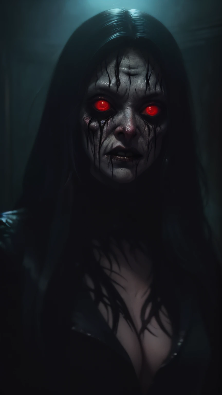 a terrifying mental image of a female figure of pure evil, immersed in a hideous, hellish environment, appearance with grotesque features and sinister deformities that evoke instant horror, glowing eyes, contorted skin, dark attire that exude an evil aura, environment around as a hellscape, distorted shadows, agonizing, obscure, terrifying nightmare, capturing all of the viewer's senses and leaving a lasting impression of horror, evil female figure in a obscure place coming from hell, nightmare, fiend, demonic presence