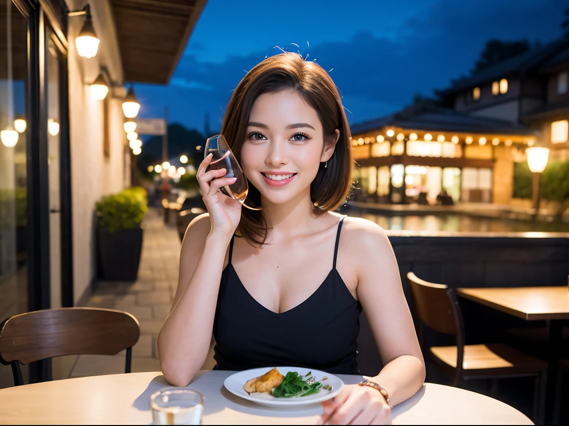 (64k uhd, nffsw, of the highest quality, masutepiece: 1.2), (Realistic, Photorealistic: 1.37), super detailed, 1 pretty woman, (Slim Face), (Slim body), (Brown hair), (short-cut), cheeks blush a little, (39 years old), 38 years, Solo, A beautiful and detailed night view spreads out outside the window., restaurant, Sitting in a wine glass, Night, In a prominent place (from waist up) NovaFrogStyle, actress, Model, waist-up, white wine, slim, wine glasses, Super clean night view, Wine glass placed in the middle, Happy smile, (Smile: 1.15), Beautiful fine eyes, Upper body, Bust Japan Up, Night, Short, Short, actress, Model, waist-up, white wine, slim, wine glasses, Super clean night view, Wine glass placed in the middle, Happy smile,