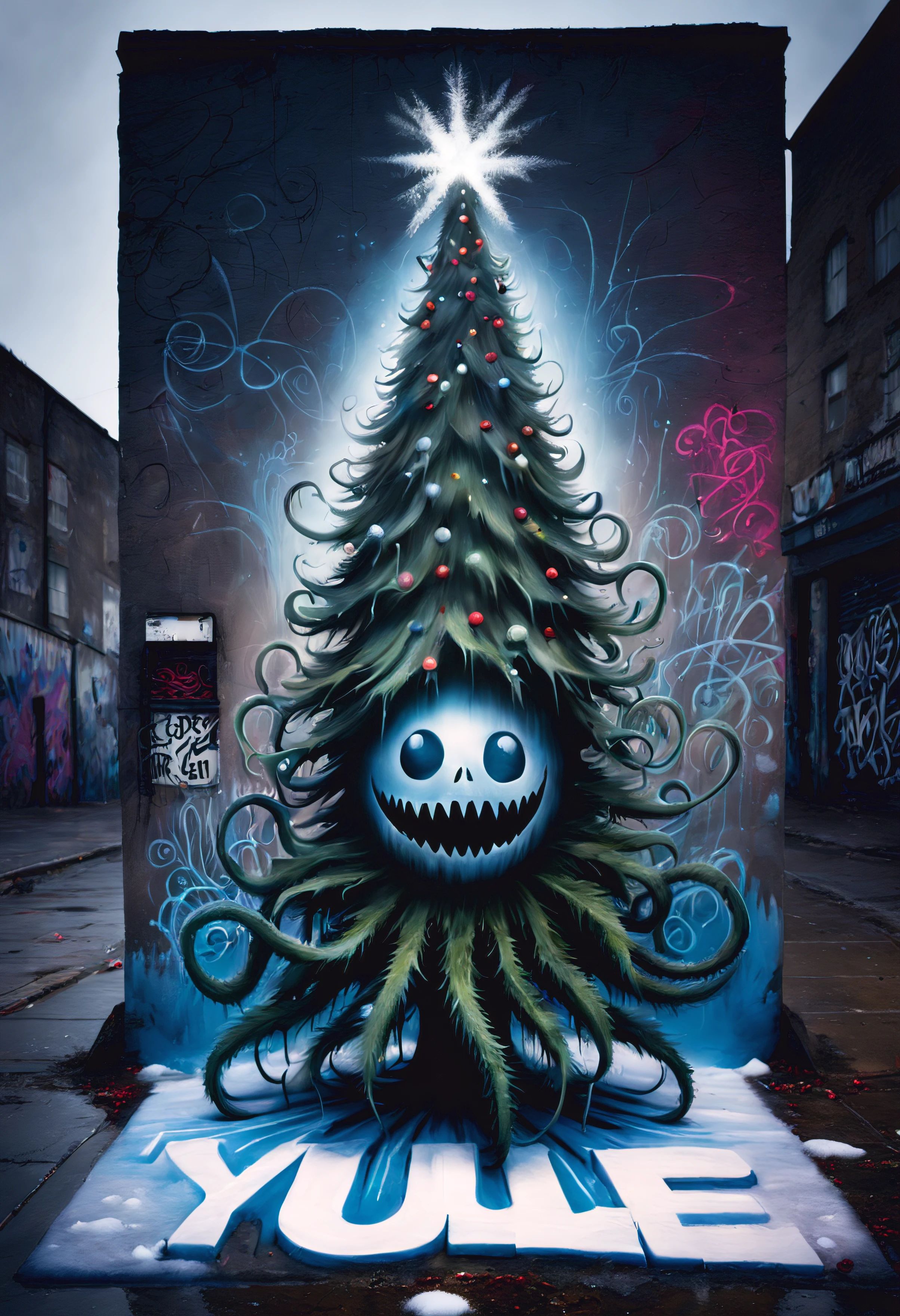 3dxmasurbanart, A three dimensional piece of Christmas street art "YULE" (creepy) written on the ground by Stephen Gammell, picturing a christmas tree with (tentacles) wrapped around it, with a graffiti snowy background, nighttime, (flash photography) (style of Conor Harrington) high saturation