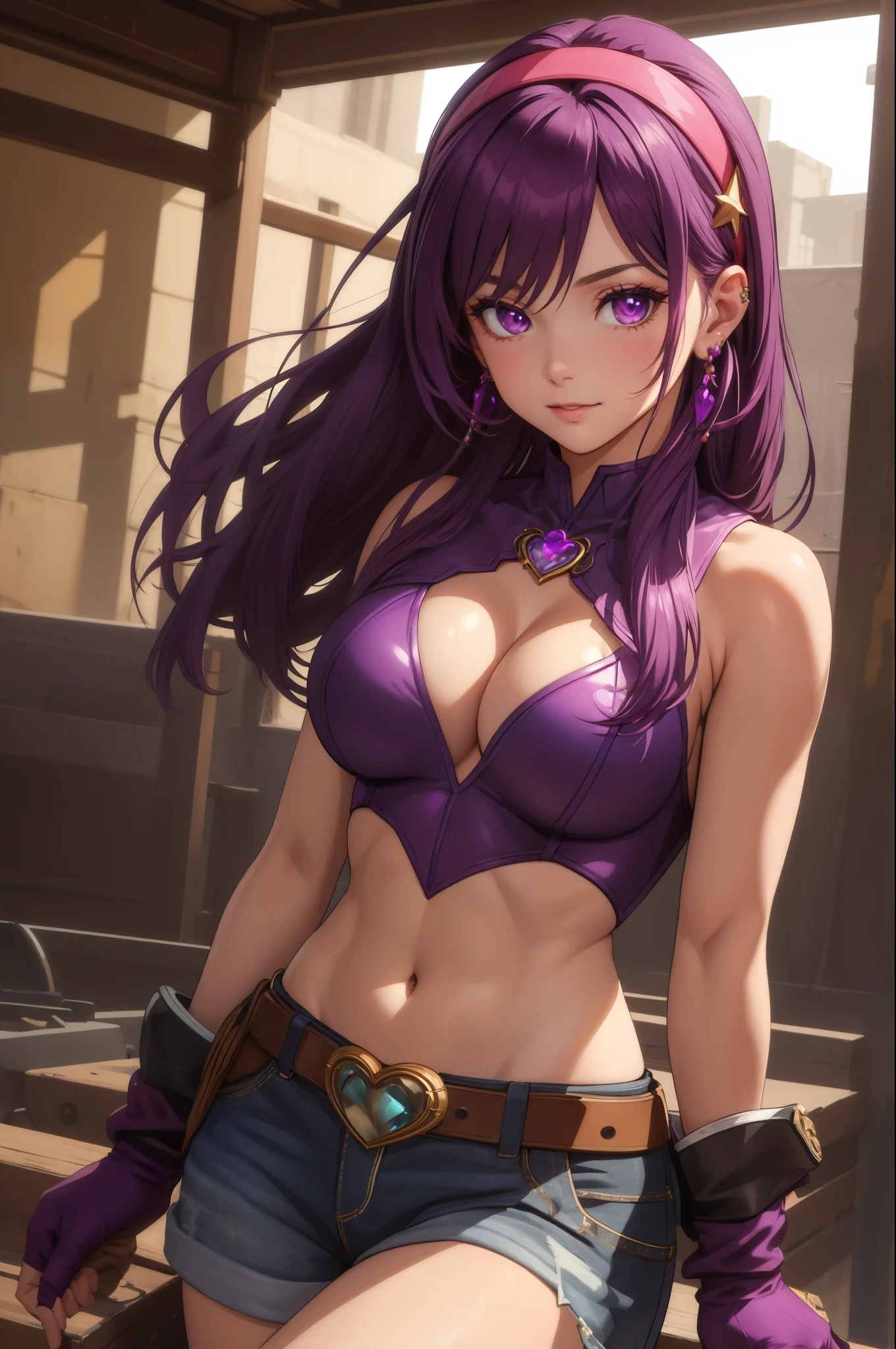 (masterpiece, best quality:1.2), cowboy shot,solo,purple hair,fingerless gloves,purple eyes,long hair, leotard, heart cutout, cleavage cutout, navel,star hair ornament,jewelry,earrings,hair ornament,white hairband